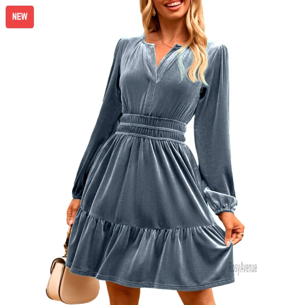 Velvet Cocktail Dress Long Sleeve V Neck Empire Waist With Pockets